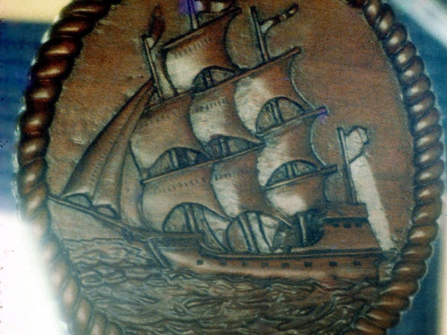 Wood Carving of a Schooner by Ken Whitney